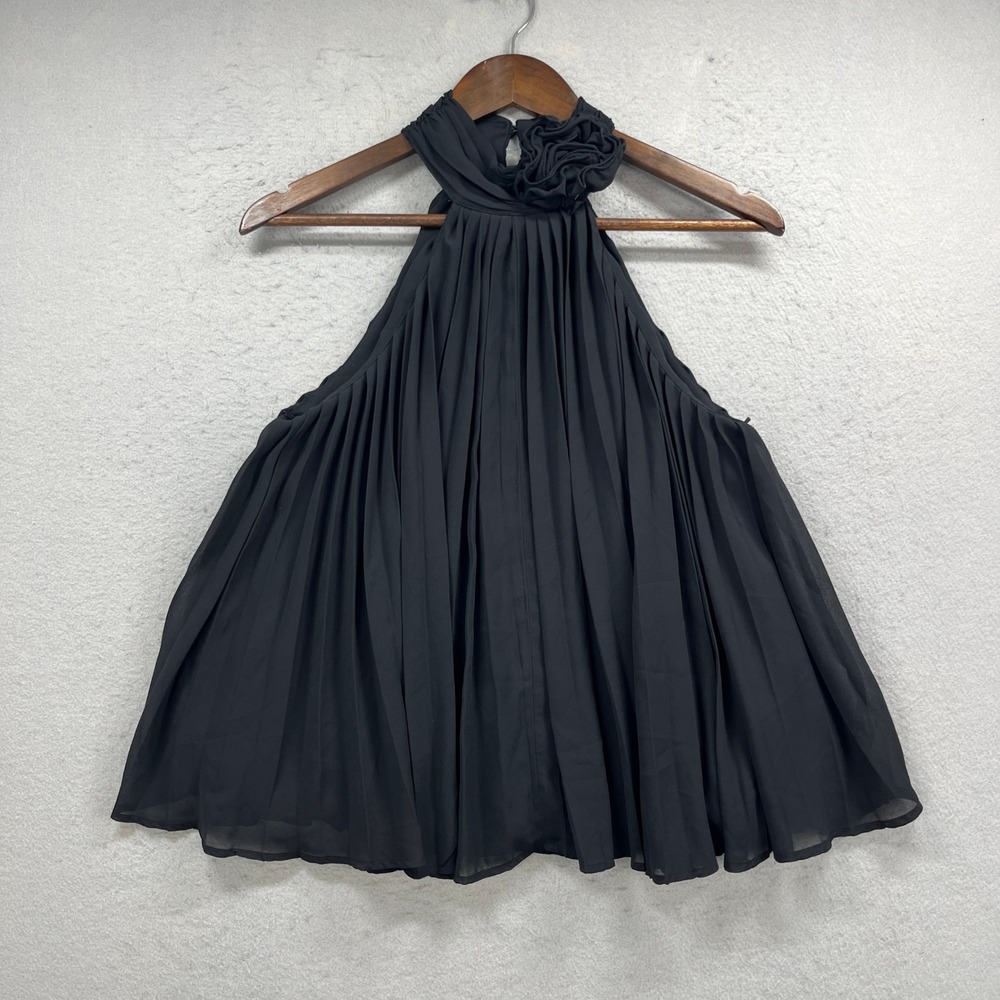 Express Halter Top Womens Small Black Rosette Pleated Conscious Edit Party Flowy